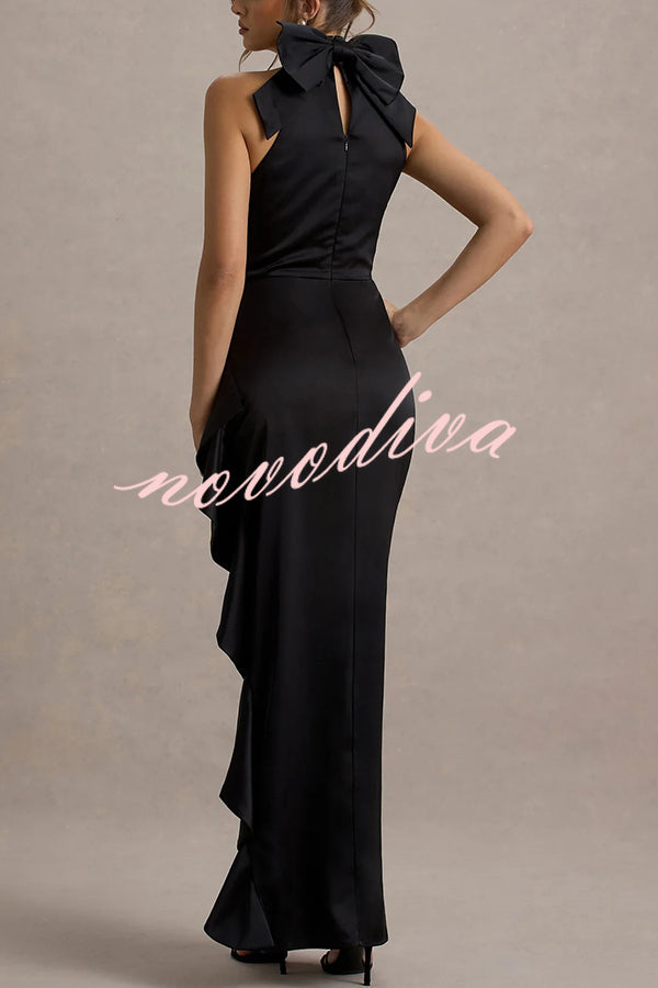 Maureen Satin High Neck Ruched Ruffle Slit Draped Maxi Dress