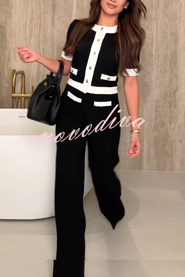 Fashion Contrast Color Stretch High Waist Casual Straight Pants