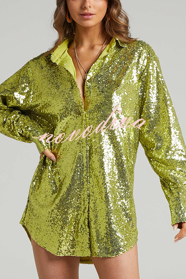 Solid Color Sequined Long-sleeved Casual Mid-length Loose Shirt