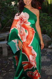 Elegance and Grace Satin Dragon Print One Shoulder Drape Sleeve Maxi Dress