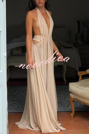 Ethereal Moment Tulle Cutout Ruched Waist Backless Halter Maxi Dress