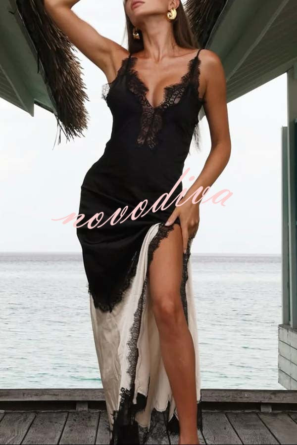 Soft and Romantic Satin Lace Trim Colorblock V-neck Side Slit Maxi Dress