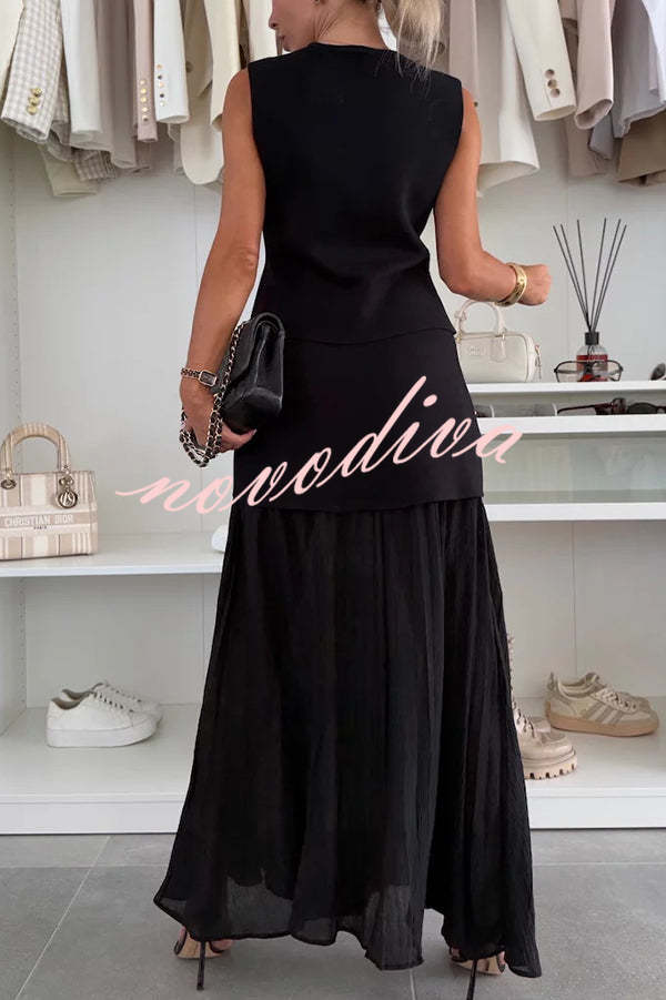 Stylish and Elegant Knit Spliced Tulle Elastic Waist Pleated Maxi Skirt