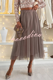 Holiday Party Tulle High Rise Elastic Waistband A-line Midi Skirt