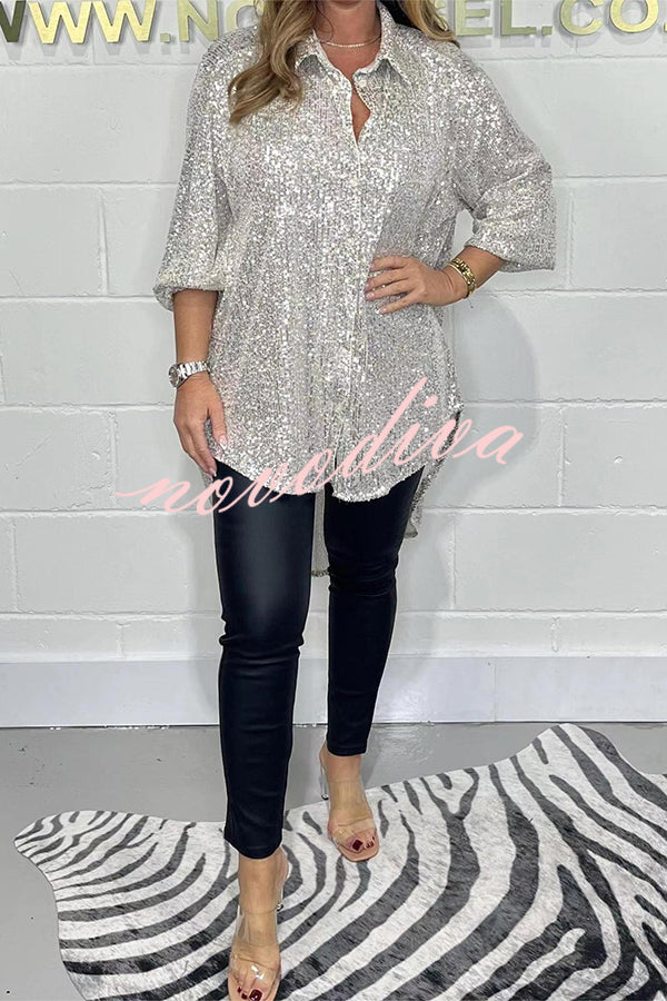 Party Season Solid Color Sequin Button Long Sleeve High Low Shirt