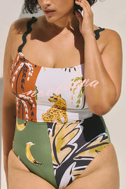 Nature Beauty Unique Leopard Print Ric Rac Strap Stretch One-piece Swimsuit