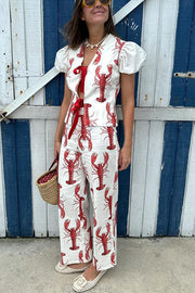 Fun Vacation Lobster Print High Rise Straight Pants