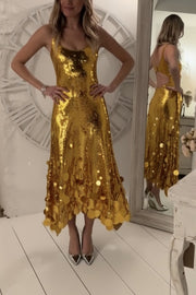 Party Tips Sequin Irregular Round Tassels Hem Back Cutout Tank Maxi Dress