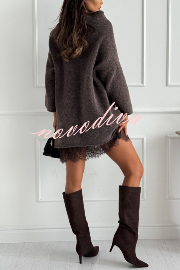 Cozy Ember Knit High Neck Long Sleeve Relaxed Sweater Mini Dress