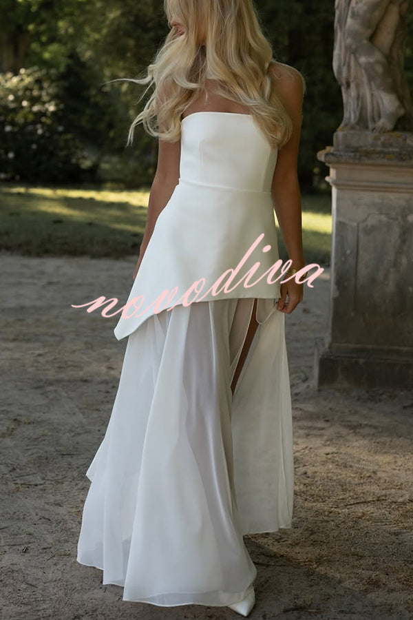 Monaco Off Shoulder Structured Top Chiffon Slit Hem Scarf Maxi Dress