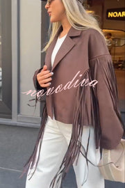 Western City Suede Long Tassels Long Sleeve Lapel Relaxed Jacket
