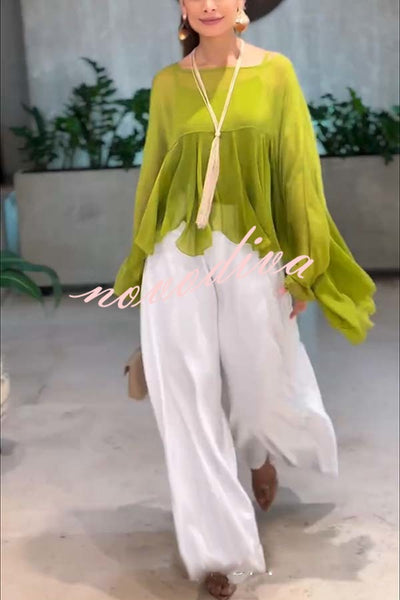 Romantic Journey Chiffon Ruffle Batwing Sleeve Top and Elastic Waist Pocket Loose Pants Set