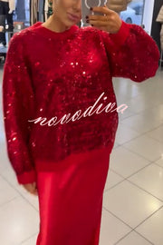 Celebration Day Sequin Patchwork Loose Sweatshirt and Satin Elastic Waist Maxi Skirt Set