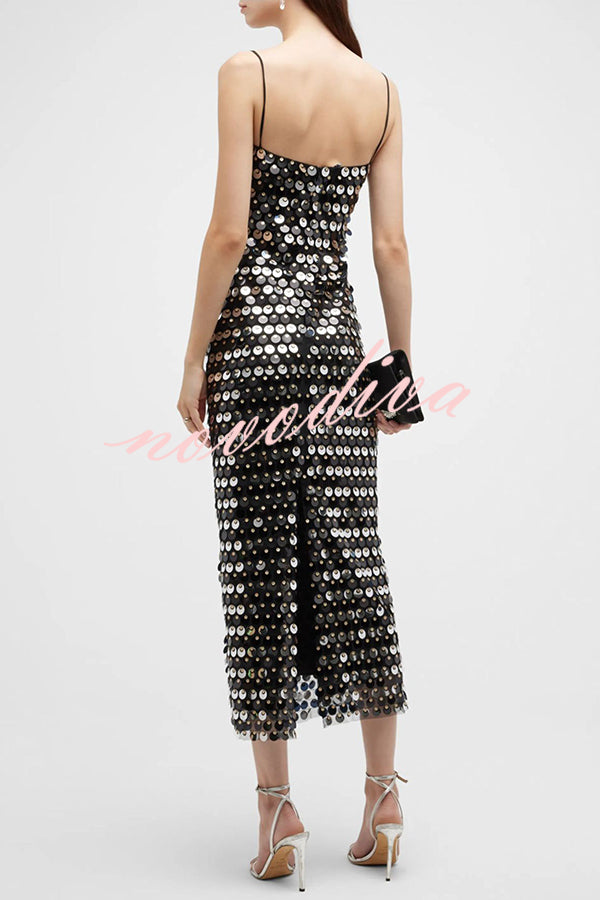 Sexy Sequined Halter-neck Backless Slim Fit Slit Midi Dress