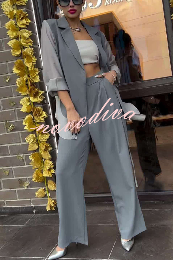 Chic and Elegant Chiffon Patchwork Irregular Lace-up Jacket and Pocketed Straight-leg Pants Set