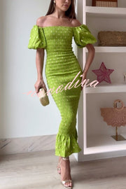 Jojo Smocked Golden Polka Dots Off Shoulder Puff Sleeve Stretch Midi Dress