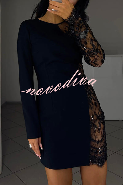 Cocktails First Floral Sequin Bead Patchwork Long Sleeve Mini Dress