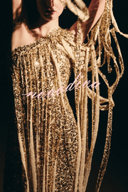 Holiday Muse Sequined Slit Tassels One Shoulder H-line Maxi Dress