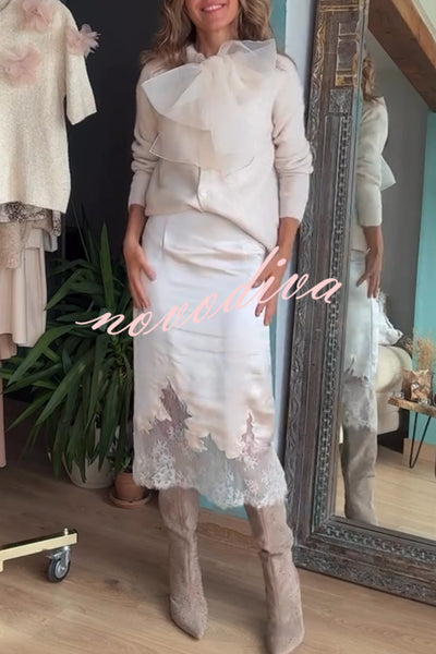 Lola Satin Lace Trim High Rise Side Zipper Loose Midi Skirt