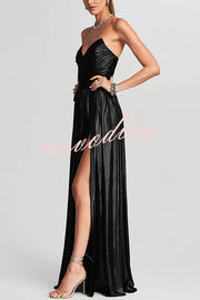 Goddess Temperament Metallic Pleated Fabric Off Shoulder Slit Maxi Dress