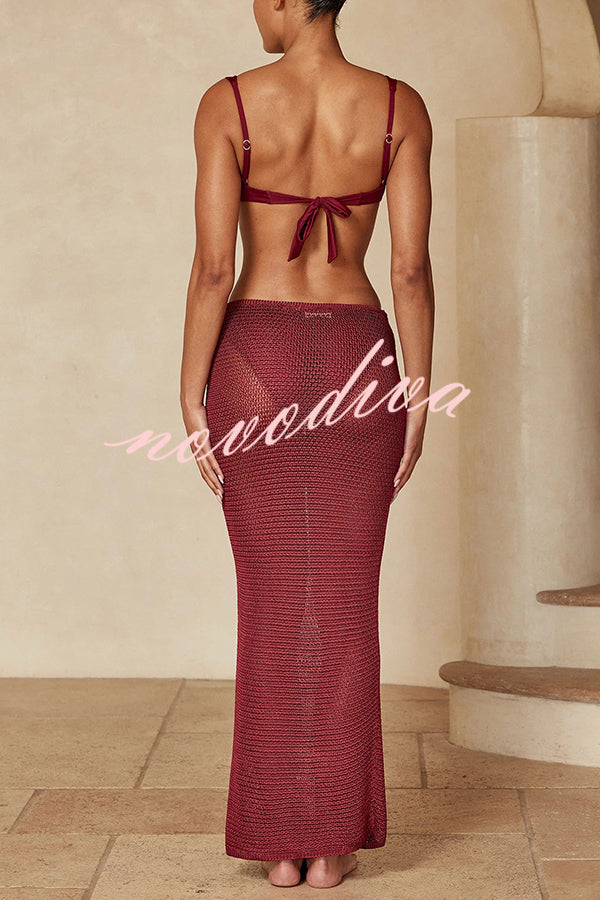 Fontelina Crochet Knit Hollow Out Mid Rise Stretch Maxi Skirt