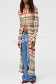 Anna Knit Colorful Herringbone Print Shirt Neck Button Long Sleeve Slim-fit Long Cardigan