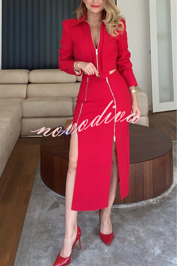 Stylish Mood Zippered Detail Crop Jacket and High Rise Stretch Slit Midi Skirt Set