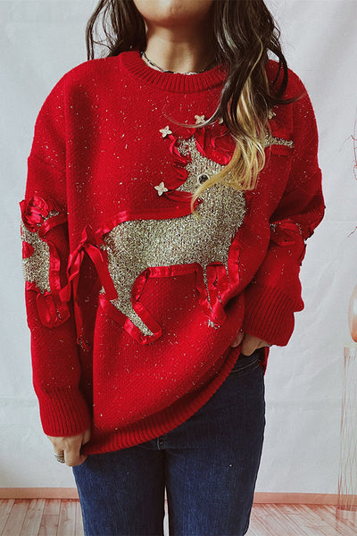 Christmas Pattern Knitted Crew Neck Long Sleeved Sweater