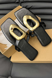 Versatile Square Toe Thong Casual Flat Metal Buckle Sandals