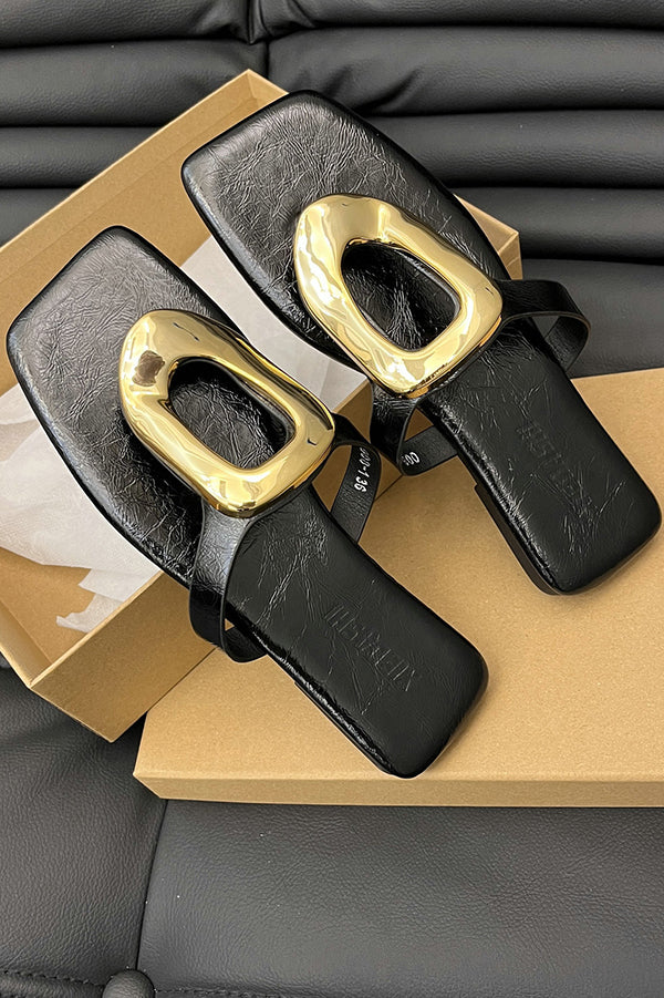 Versatile Square Toe Thong Casual Flat Metal Buckle Sandals
