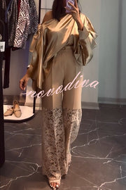 Chic Moment Satin Irregular Knot Slit Sleeve One Shoulder Loose Blouse