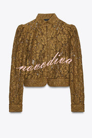 Palace Style Crochet Flower Lace Stand Neck Button Puff Sleeve Jacket