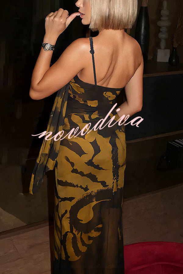 Unique Print Sexy One Shoulder Slim High Slit Maxi Dress