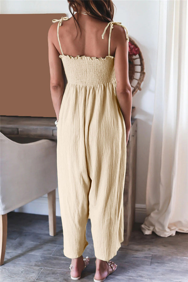 Elegant Solid Color High Waist Linen Blend Suspender Pleated Jumpsuit