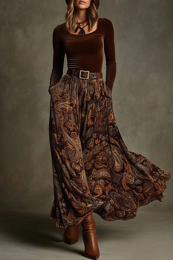 Stylish Velvet Long-sleeved Fitted Top and Unique Printed Casual Pocket Maxi Skirt Set