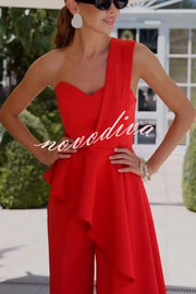 Amena One Shoulder Sweetheart Neck Ruffle Hem Top and Elastic Waist Pocket Wide Leg Pants Set