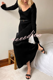 Solid Color V-neck Long-sleeved Slim-fit Elegant Knit Maxi Dress