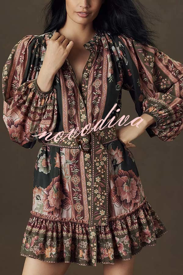 Brazilian Style Unique Floral Print Puff Sleeve Belted Pleated Hem Mini Dress