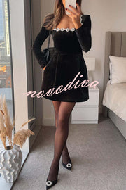 Endless Celebration Velvet Jewel Embellished Trim Long Sleeve Pocketed Mini Dress