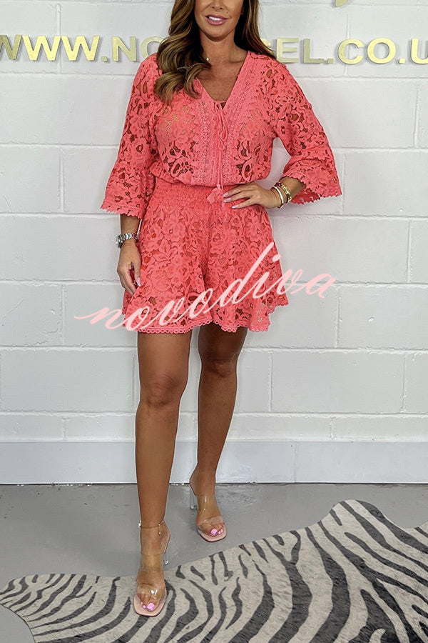 Emilee Lace Tie Neck Bell Sleeve Top and Elastic Waist Loose Shorts Set