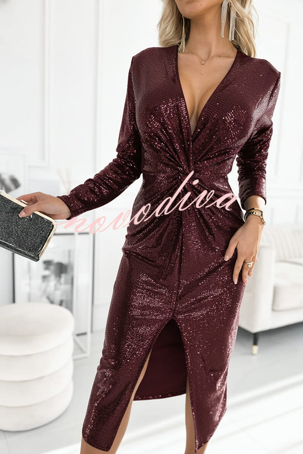 Coralia Sequin V-neck Long Sleeve Twist Waist Front Slit Midi Dress