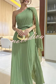 Kate Pleated One Shoulder Drape Sleeve Twist Waist Maxi Dress