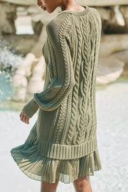 Delphine Knit Cable Textured Long Sleeve Pleated Chiffon Hem Sweater Mini Dress