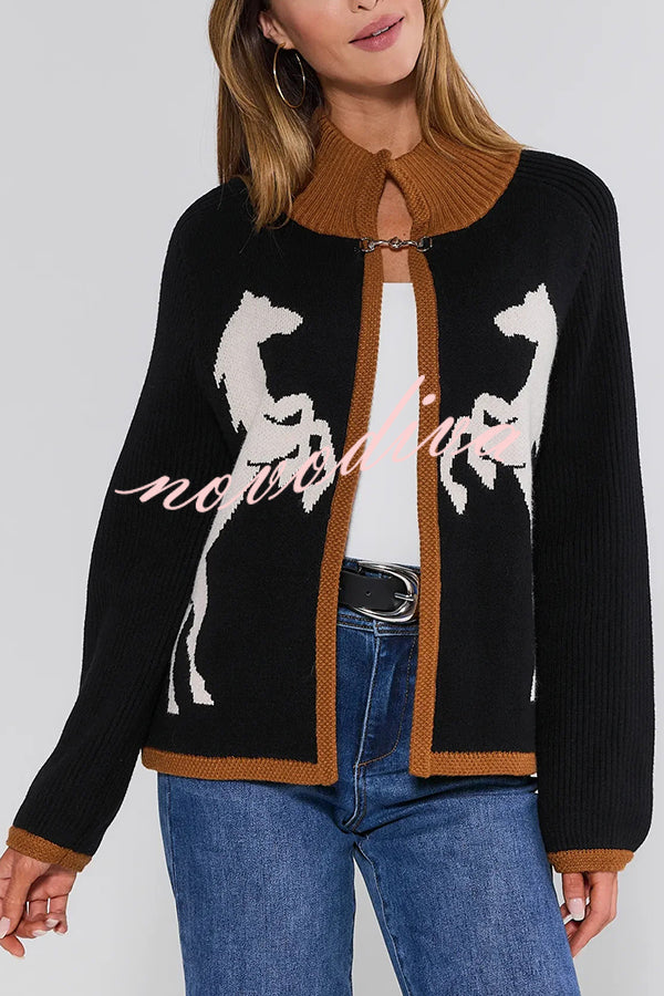 Stylish White Horse Pattern Casual Long-sleeved Knitted Cardigan