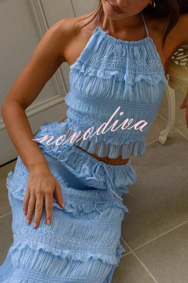 Feel Chic and Romantic Sequin Textured Material Back Elastic Halter Tie Tank and Drawstring Waist Tiered Maxi Skirt Set