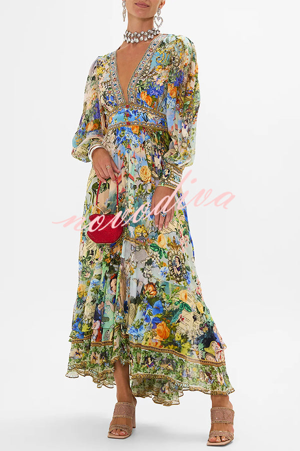 Fairy Tale Print V-Neck Lantern Sleeve Waist Maxi Dress