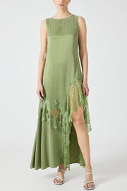 Pretty Soul Satin Lace Trim Wide Neck Irregular Hem Slit Maxi Dress