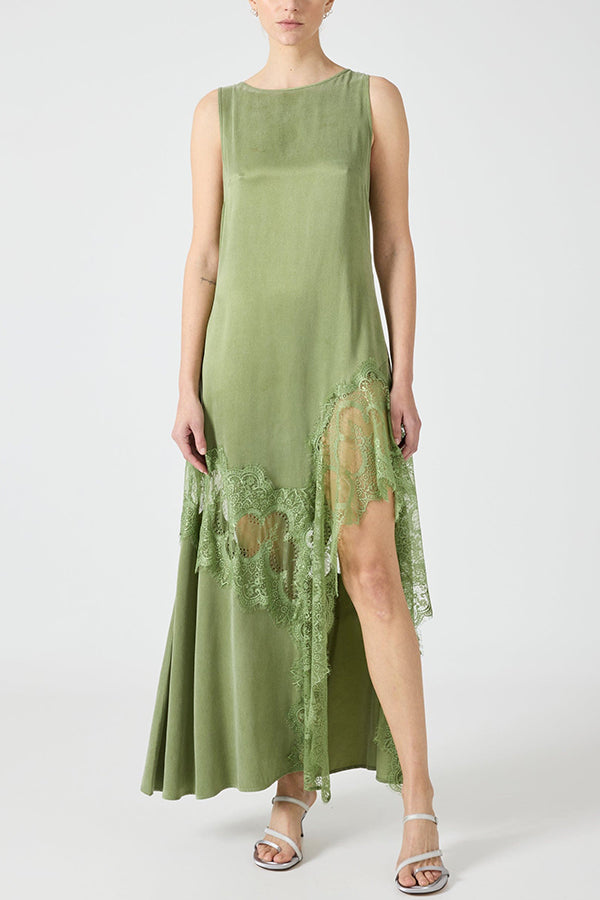 Pretty Soul Satin Lace Trim Wide Neck Irregular Hem Slit Maxi Dress
