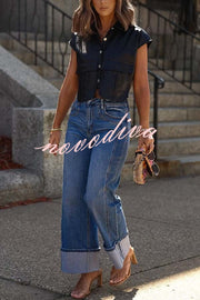 Stylish Weekend Faux Leather Button Up Cape Sleeve Pocket Crop Top