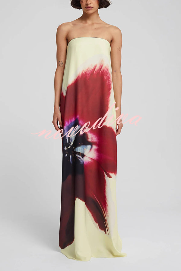 Floral Print Sexy Strapless Backless Belt Maxi Dress